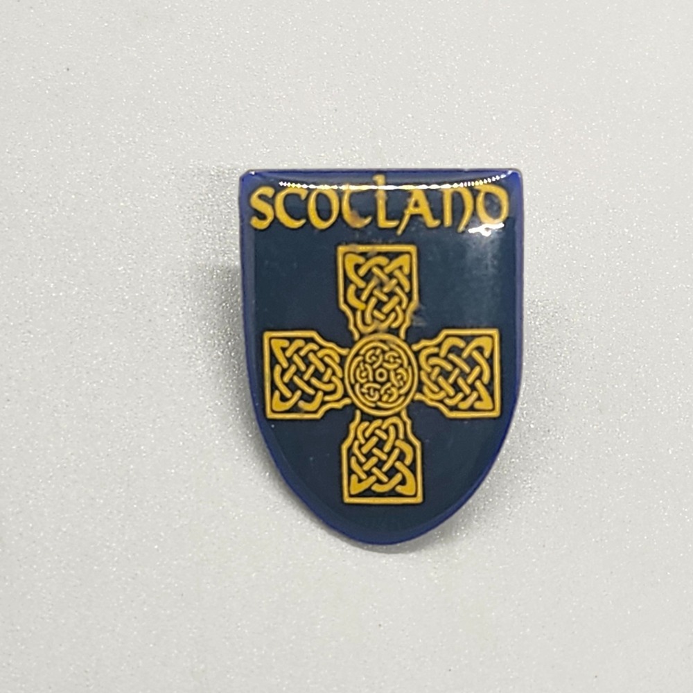 Vintage Scotland Lapel Pin Collectible Acrylic Shield Celtic Cross Blue Gold